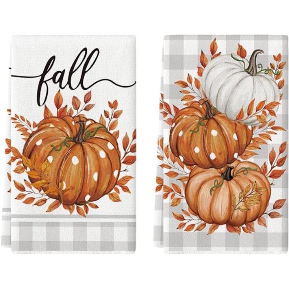 Orange Buffalo Plaid Fall Kitchen Towels Set of 2 Pumpkin Leaves Hand Dish Towel